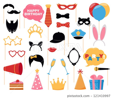 Cartoon photo booth props. Party decor for photography shooting. Masquerade masks. Holiday eyeglasses. Extravagant glasses. False mustaches and beards. Vector carnival accessories set 121410997