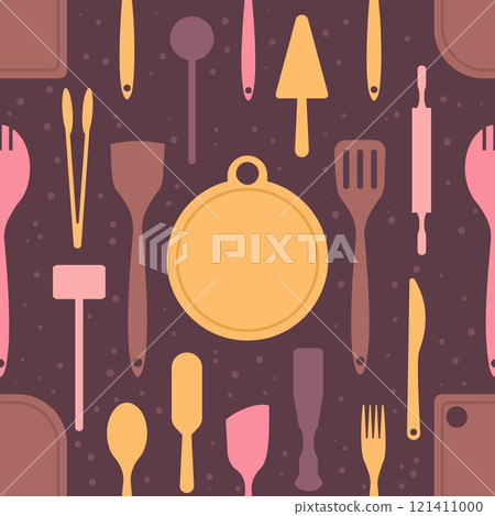 Color kitchenware seamless pattern. Cooking utensil. Different tools and cutlery. Cutting board. Repeated culinary theme. Spatula and knife. Kitchen wallpaper print. Vector background Color kitchenware seamless pattern. Cooking utensil. Different tools and cutlery. Cutting board. Repeated culinary theme. Spatula and knife. Kitchen wallpaper print. Vector background 121411000