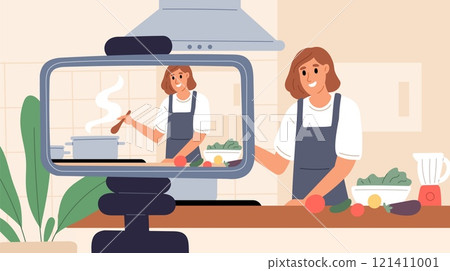 Cooking video blog. Online vlog channel. Woman leads stream in kitchen. Food preparing. Blogger create culinary content. Camera screen at tripod. Show recipe tutorial. Garish vector concept Cooking video blog. Online vlog channel. Woman leads stream in kitchen. Food preparing. Blogger create culinary content. Camera screen at tripod. Show recipe tutorial. Garish vector concept 121411001