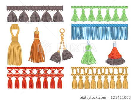 Decorative fringe with tassels. Fabric elements. Sewing accessories. Thread pendants and trinkets for curtain design. Upholstery clothes brushes. Cord embellishment. Splendid vector set 121411003