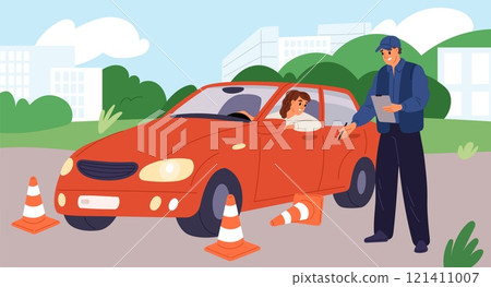 Driving lesson. Practical exercises. Car driver examination. Instructor notes mistakes. Passing exam. Student obtaining license. Automobile parking. Auto course. Garish vector concept Driving lesson. Practical exercises. Car driver examination. Instructor notes mistakes. Passing exam. Student obtaining license. Automobile parking. Auto course. Garish vector concept 121411007