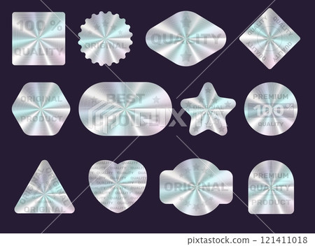 Holographic guarantees labels. Different foil seal shapes. Mockups with inscriptions. Award badges design. Quality assurance tags. Iridescent gradient stamps. Vector chrome stickers set 121411018