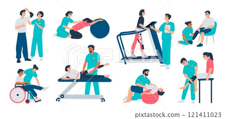 Patients rehabilitation. People restore mobility of joints. Limbs and develop muscles under physiotherapists supervision. Disabled persons physiotherapy treatment. Garish vector set Patients rehabilitation. People restore mobility of joints. Limbs and develop muscles under physiotherapists supervision. Disabled persons physiotherapy treatment. Garish vector set 121411023