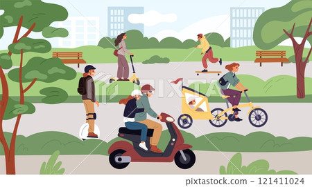 People on electric transport in city. Citizens travel by eco vehicles in park. Outdoor activity. Man driving motorbike. Woman on scooter. Electrical gyroscooter. Garish vector concept 121411024