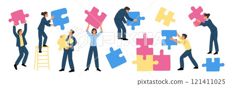 People putting together puzzle. Teamwork process. Tiny characters with big cardboard pieces. Colleagues work. Employees join jigsaw. Business person solving problem. Garish vector concept 121411025