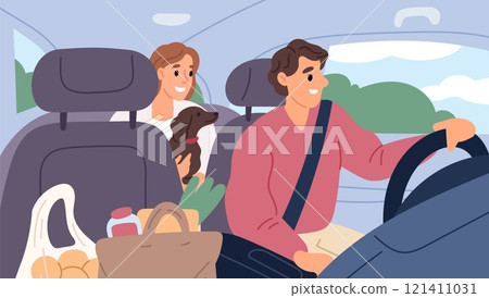 Riding in private transport. Driving vehicle. Driver carries passenger with dog in back seat of car. Shopping packages. Supermarket bags. Couple in automobile cabin. Vector garish concept 121411031