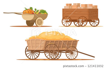 Wooden wagons with products. Retro cargo transportation. Farm loaded carts with harvest and hay. Rural wheelbarrows. Boxes of goods. Vegetables and wheat. Timber rustic carriages vector set 121411032
