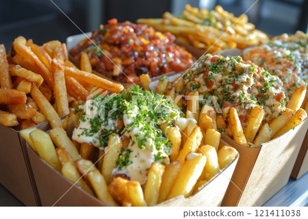 Delicious varieties of loaded fries topped with toppings at a food festival 121411038