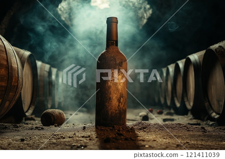 Old wine bottle in dusty cellar surrounded by barrels and smoke 121411039