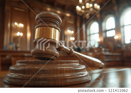 Courtroom gavel rests on wooden bench in a historic legal setting 121411062