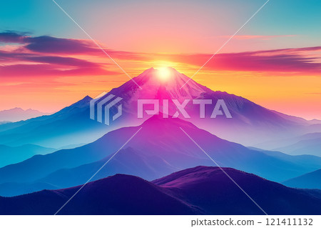 Breathtaking view of a mountain range at sunset, with vibrant colors illuminating the sky and clouds Breathtaking view of a mountain range at sunset, with vibrant colors illuminating the sky and clouds 121411132