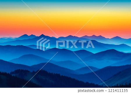 Breathtaking view of a mountain range at sunset, with vibrant colors illuminating the sky and clouds 121411135