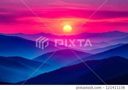 Breathtaking view of a mountain range at sunset, with vibrant colors illuminating the sky and clouds 121411136