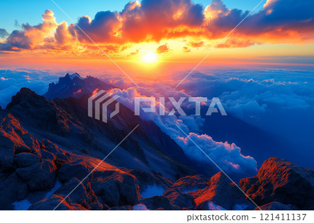 Breathtaking view of a mountain range at sunset, with vibrant colors illuminating the sky and clouds 121411137