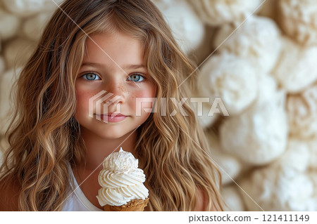 Girl holds a beautifully decorated layered cake with cream frosting. Girl holds a beautifully decorated layered cake with cream frosting. 121411149
