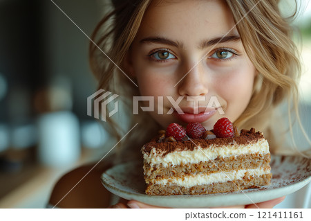 Yong woman holds a beautifully decorated layered cake with cream frosting. 121411161