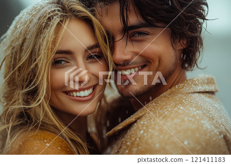 Young couple smiling brightly under the rain Young couple smiling brightly under the rain 121411183