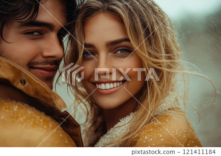 Young couple smiling brightly under the rain Young couple smiling brightly under the rain 121411184