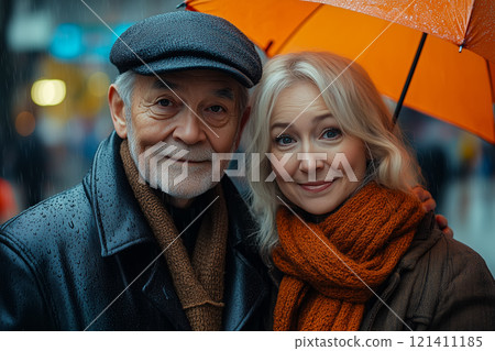Elderly man and a young woman standing together under an umbrella on a rainy autumn day. Elderly man and a young woman standing together under an umbrella on a rainy autumn day. 121411185