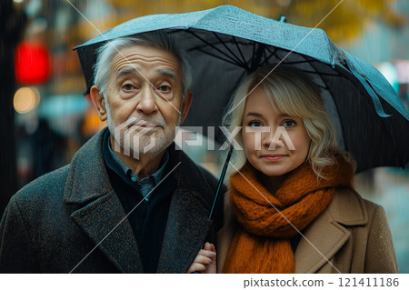 Elderly man and a young woman standing together under an umbrella on a rainy autumn day. Elderly man and a young woman standing together under an umbrella on a rainy autumn day. 121411186