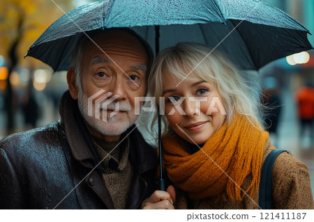 Elderly man and a young woman standing together under an umbrella on a rainy autumn day. Elderly man and a young woman standing together under an umbrella on a rainy autumn day. 121411187