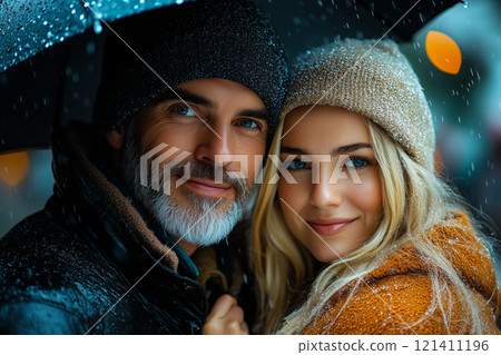 Young couple smiling brightly under the rain. 121411196