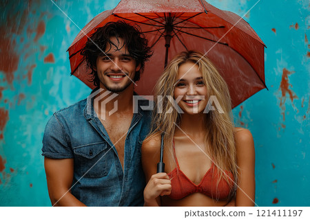 Young couple smiling brightly under the rain. 121411197