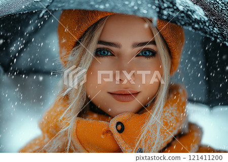 Beautiful blonde woman with mesmerizing blue eyes, dressed in a vibrant orange winter hat and scarf Beautiful blonde woman with mesmerizing blue eyes, dressed in a vibrant orange winter hat and scarf 121411200
