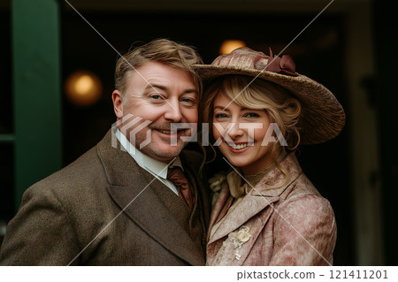 Smiling couple dressed in elegant Victorian-era attire, exuding timeless charm and nostalgia Smiling couple dressed in elegant Victorian-era attire, exuding timeless charm and nostalgia 121411201