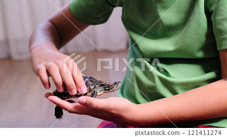 The boy s hands gently cradle a small turtle, as he softly strokes its shell. This image captures the warmth and curiosity of a child s interaction with a pet. The boy s hands gently cradle a small turtle, as he softly strokes its shell. This image captures the warmth and curiosity of a child s interaction with a pet. 121411274