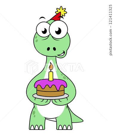 Illustration of a Brontosaurus with a birthday cake. 121411325