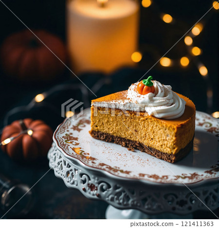 Delicious pumpkin cheesecake on a decorative plate with fall ambiance 121411363