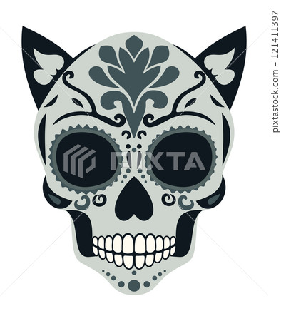 Catrina head. Woman sugar skull with cat ears. Mexican Day of the Dead. Vector isolated illustration Catrina head. Woman sugar skull with cat ears. Mexican Day of the Dead. Vector isolated illustration 121411397