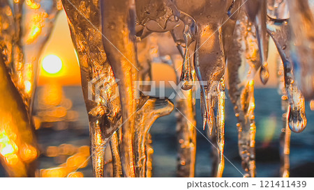 Sunlight filters through huge icicles from the frozen sea. 121411439
