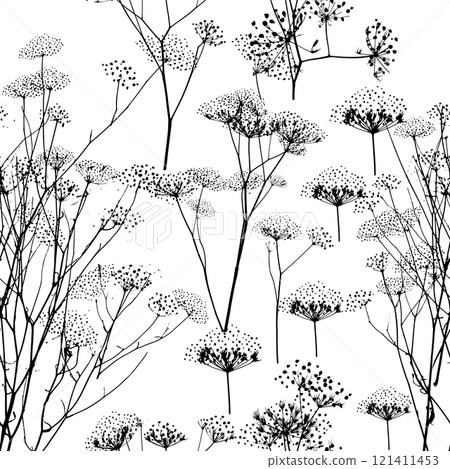 Seamless background grass dill with seeds. . Hand drawing. Not AI, Vector illustration 121411453