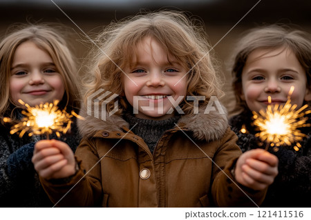 : Three cheerful children holding sparklers, bundled up in cozy winter clothing 121411516