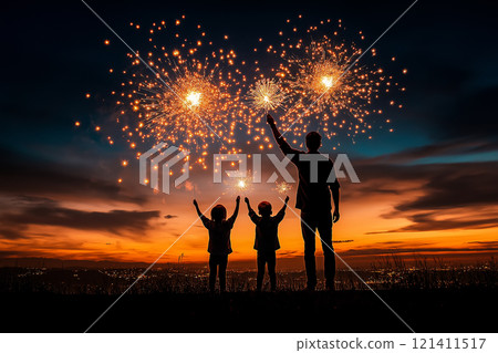 Silhouetted family celebrating under a stunning fireworks display during a vibrant sunset 121411517