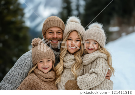 Happy family portrait outdoors in a snowy winter setting, showcasing warmth, love, and togetherness 121411518