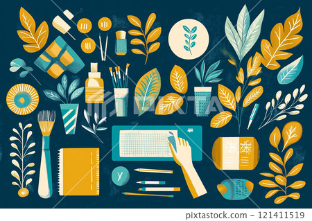 Art supplies, plants, and creative tools arranged in a stylish flat-lay design 121411519