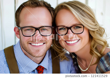 Stylish couple wearing trendy eyeglasses 121411529