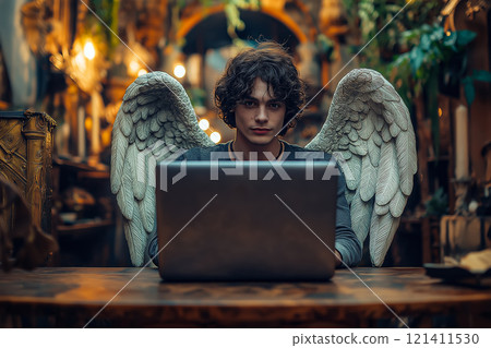 Angel sits at a desk with a modern laptop, surrounded by greenery and natural light. 121411530