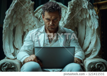 Angel sits at a desk with a modern laptop, surrounded by greenery and natural light. 121411531