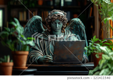Angel statue sits at a desk with a modern laptop, surrounded by greenery and natural light. 121411540