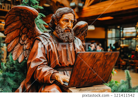 Angel statue sits at a desk with a modern laptop, surrounded by greenery and natural light. 121411542