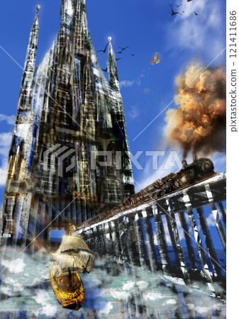 火車和遊艇競爭的幻想手繪插圖 火車和遊艇競爭的幻想手繪插圖 121411686