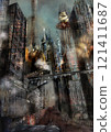 蒸氣龐克城市的幻想手繪插畫 121411687