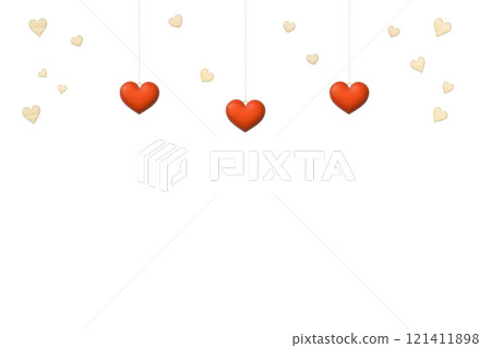 Heart background with three hanging red wooden heart ornaments 121411898