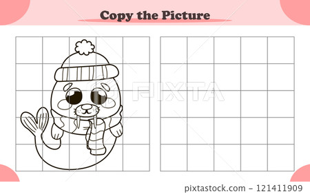 Copy the image activity game for kids with cute walrus in winter clothes, cartoon style 121411909