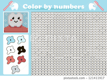 Color by number pixel art game for kids with cute tooth character in mouth, cartoon styl 121411917