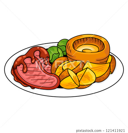 British Yorkshire pudding and roast beef illustration on a plate in cartoon style British Yorkshire pudding and roast beef illustration on a plate in cartoon style 121411921